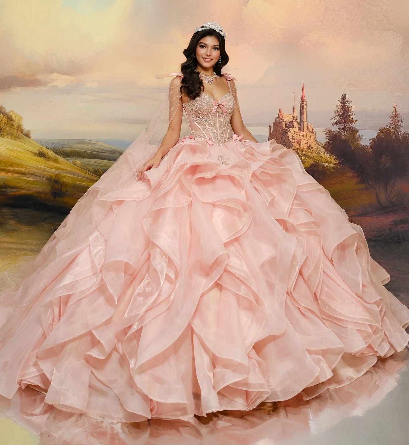Lace-up corset ball gown w/ flowing layered skit & personalized letter brooch