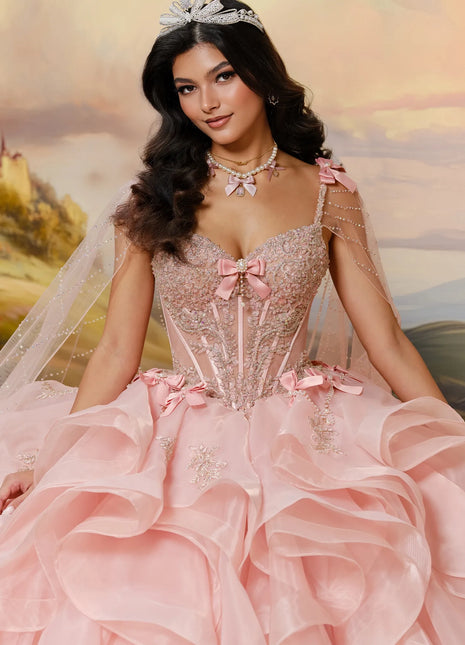Lace-up corset ball gown w/ flowing layered skit & personalized letter brooch