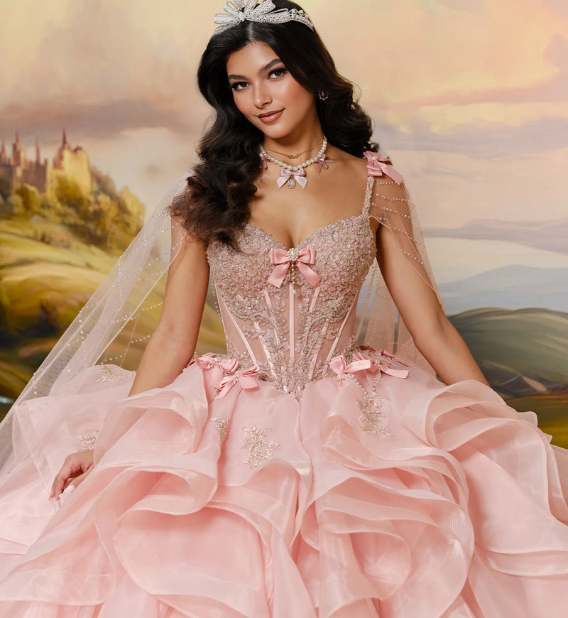 Lace-up corset ball gown w/ flowing layered skit & personalized letter brooch