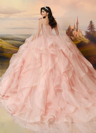 Lace-up corset ball gown w/ flowing layered skit & personalized letter brooch