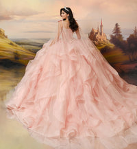Lace-up corset ball gown w/ flowing layered skit & personalized letter brooch