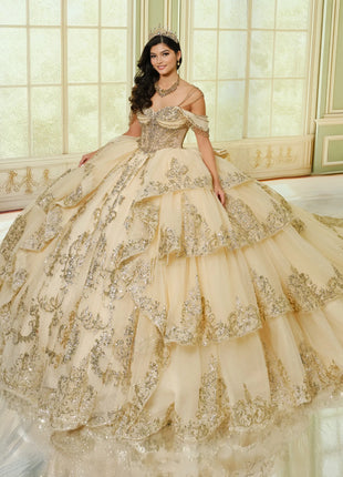 Quinceañera ball gown w/ graceful layers & lavish gold accents