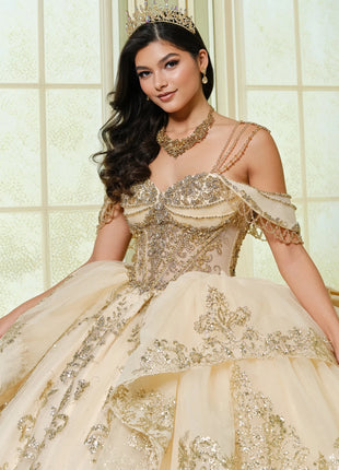 Quinceañera ball gown w/ graceful layers & lavish gold accents