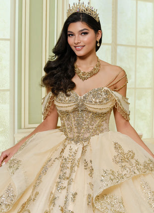 Quinceañera ball gown w/ graceful layers & lavish gold accents