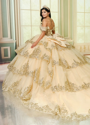Quinceañera ball gown w/ graceful layers & lavish gold accents