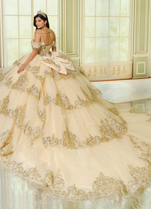 Quinceañera ball gown w/ graceful layers & lavish gold accents