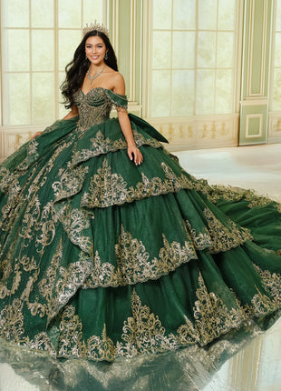 Quinceañera ball gown w/ graceful layers & lavish gold accents