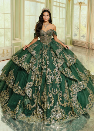 Quinceañera ball gown w/ graceful layers & lavish gold accents