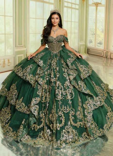 Quinceañera ball gown w/ graceful layers & lavish gold accents