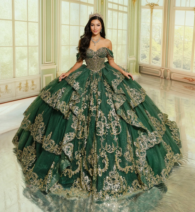 Quinceañera ball gown w/ graceful layers & lavish gold accents
