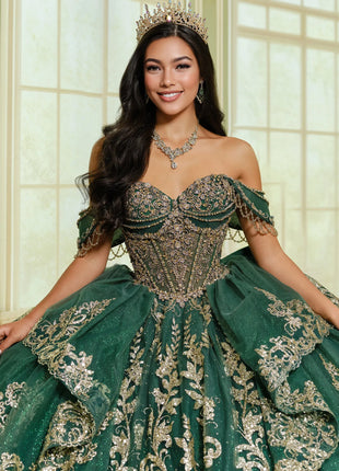 Quinceañera ball gown w/ graceful layers & lavish gold accents