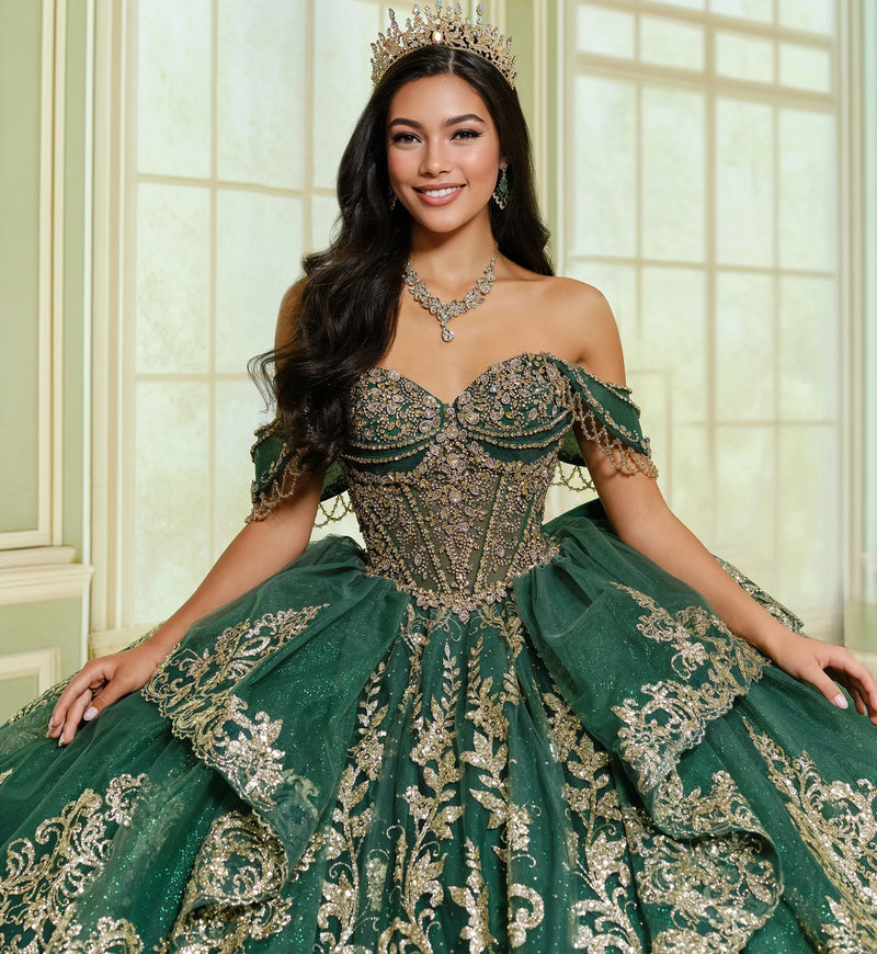 Quinceañera ball gown w/ graceful layers & lavish gold accents