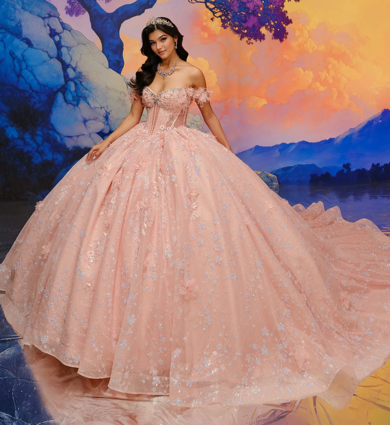 Romantic off-the-shoulder ball gown w/ floral sparkle