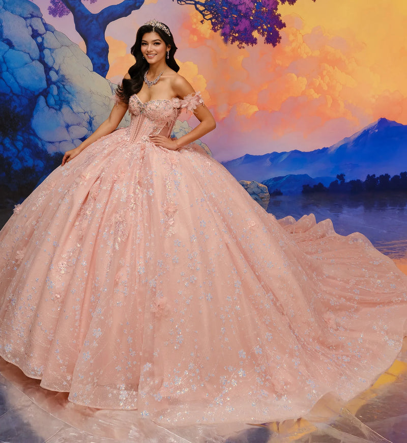 Romantic off-the-shoulder ball gown w/ floral sparkle