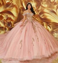 Off-the-shoulder quinceañera gown w/ dramatic 3D flowers