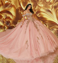 Off-the-shoulder quinceañera gown w/ dramatic 3D flowers