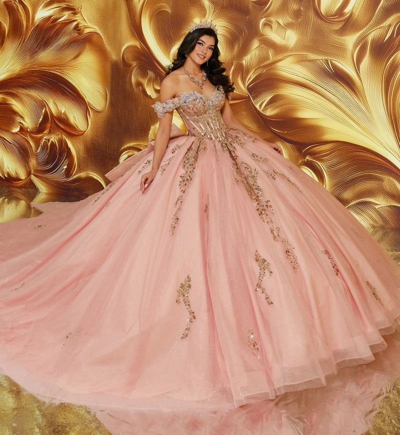 Off-the-shoulder quinceañera gown w/ dramatic 3D flowers