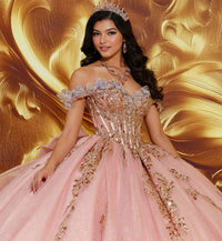 Off-the-shoulder quinceañera gown w/ dramatic 3D flowers