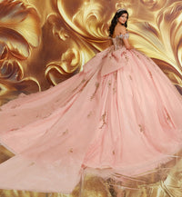 Off-the-shoulder quinceañera gown w/ dramatic 3D flowers