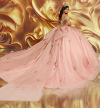 Off-the-shoulder quinceañera gown w/ dramatic 3D flowers