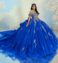 Off-the-shoulder quinceañera gown w/ dramatic 3D flowers