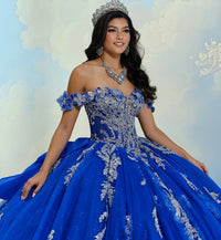 Off-the-shoulder quinceañera gown w/ dramatic 3D flowers