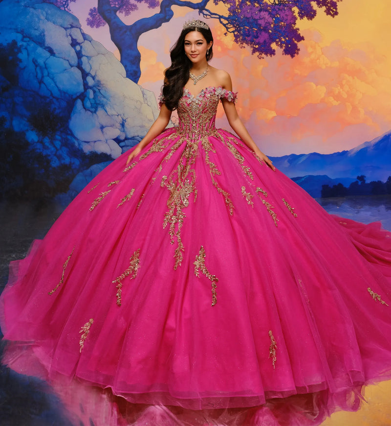 Off-the-shoulder quinceañera gown w/ dramatic 3D flowers