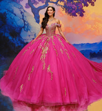 Off-the-shoulder quinceañera gown w/ dramatic 3D flowers
