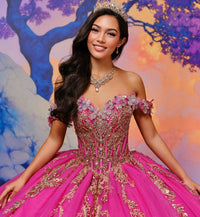 Off-the-shoulder quinceañera gown w/ dramatic 3D flowers