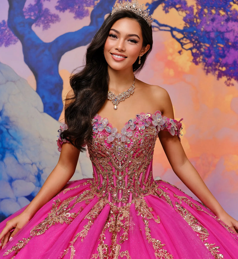 Off-the-shoulder quinceañera gown w/ dramatic 3D flowers