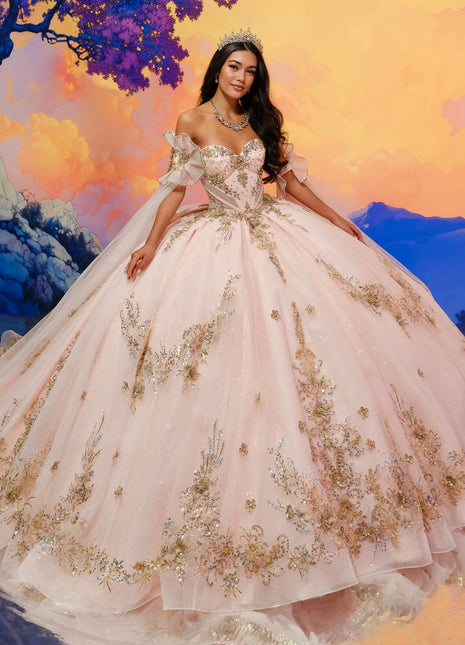Quinceañera gown w/glitter tulle & cape sleeves