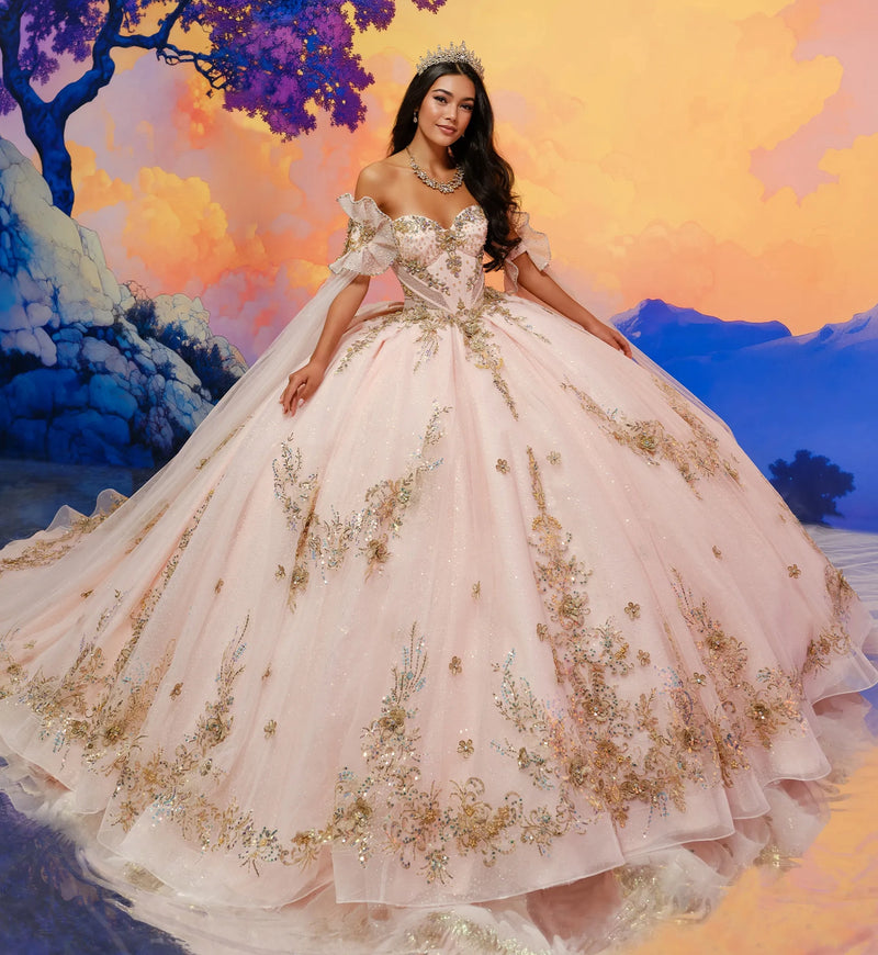 Quinceañera gown w/glitter tulle & cape sleeves