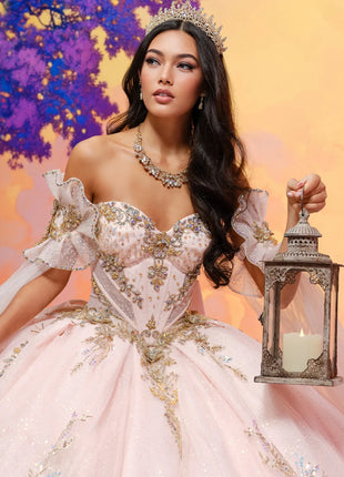 Quinceañera gown w/glitter tulle & cape sleeves