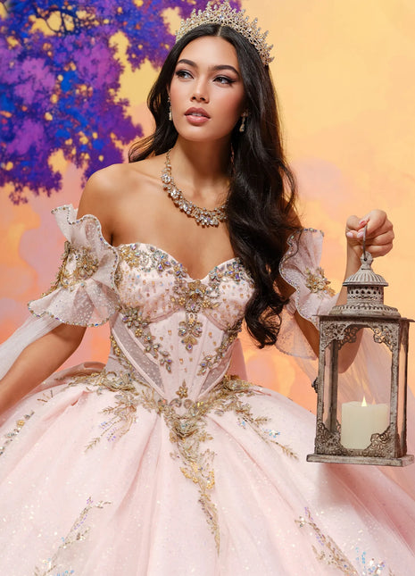 Quinceañera gown w/glitter tulle & cape sleeves