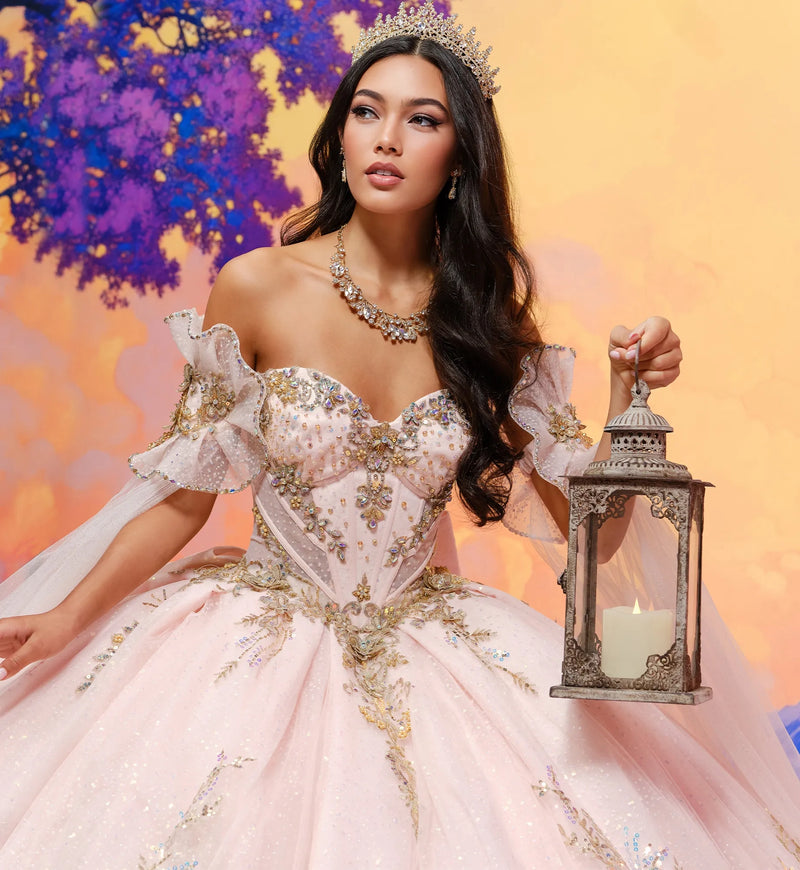 Quinceañera gown w/glitter tulle & cape sleeves