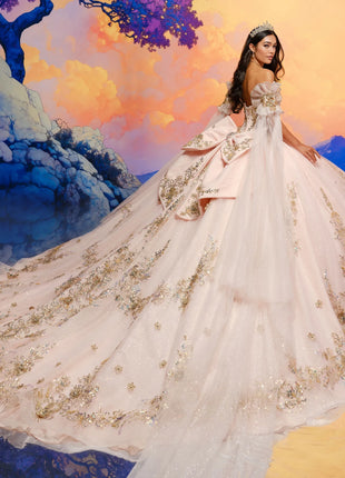 Quinceañera gown w/glitter tulle & cape sleeves