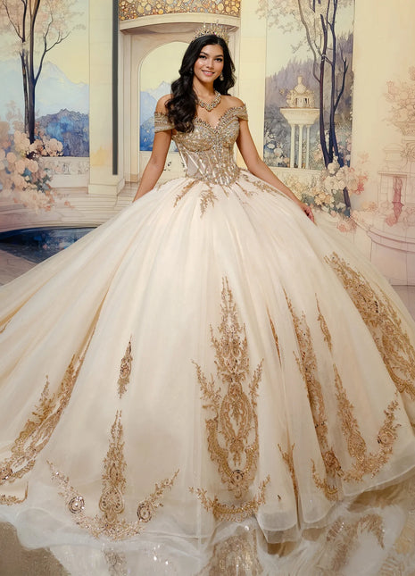 Semi-sheer corset quinceañera ball gown w/ stone details