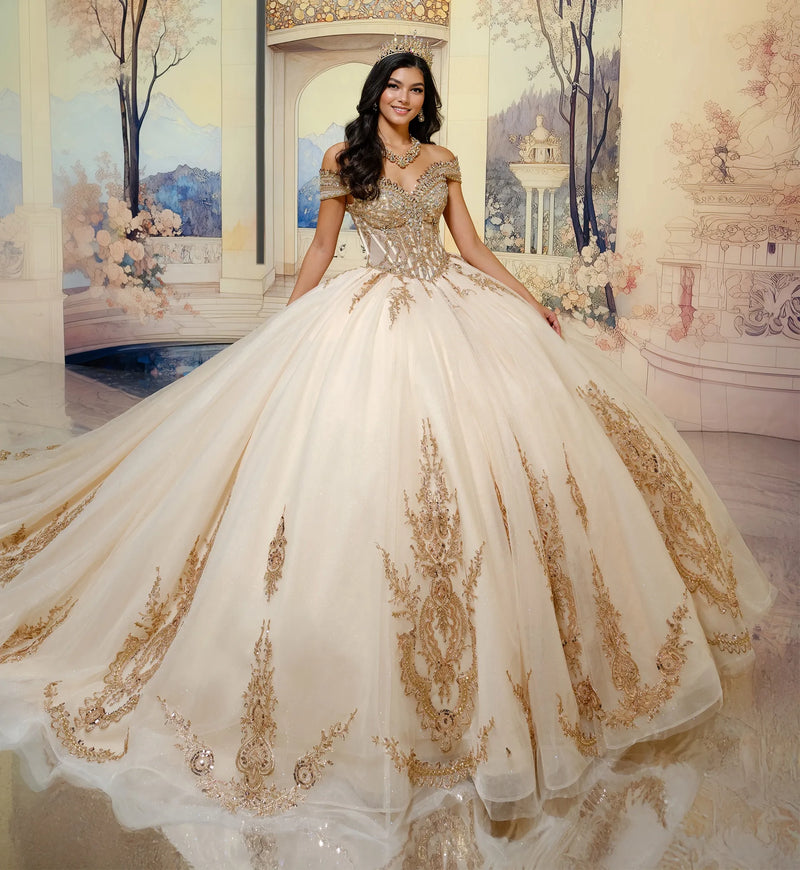 Semi-sheer corset quinceañera ball gown w/ stone details