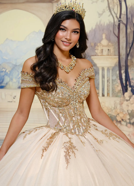 Semi-sheer corset quinceañera ball gown w/ stone details