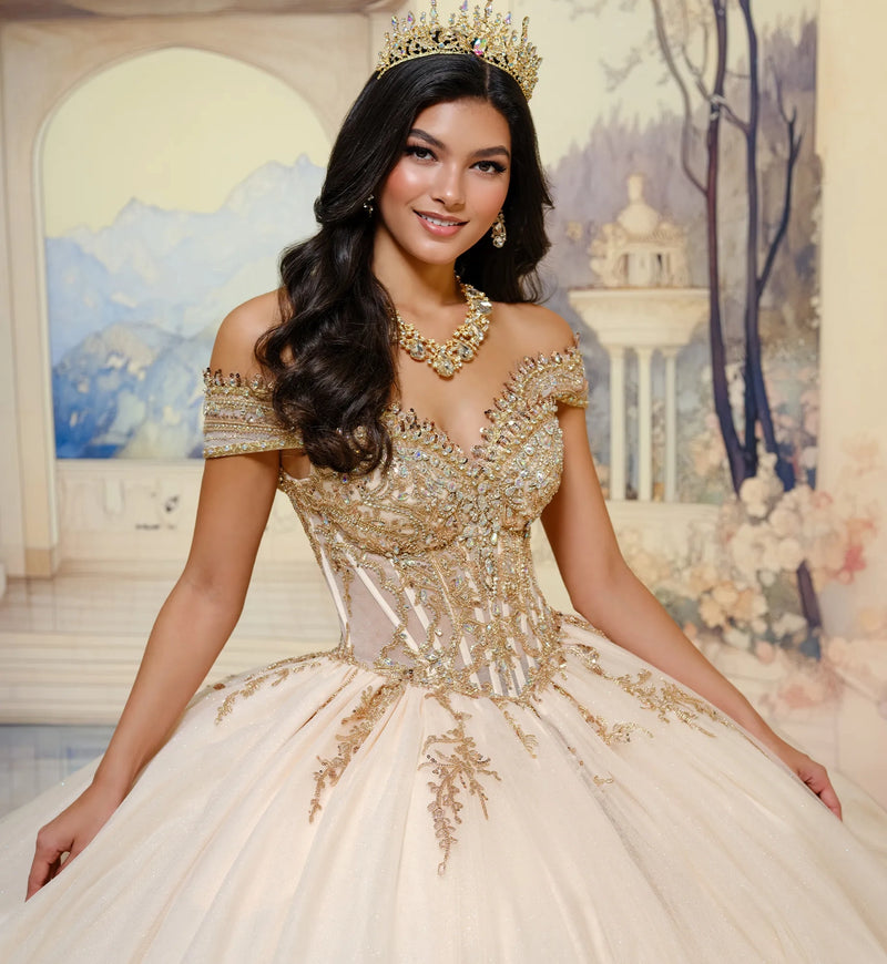 Semi-sheer corset quinceañera ball gown w/ stone details
