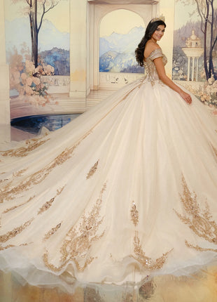 Semi-sheer corset quinceañera ball gown w/ stone details