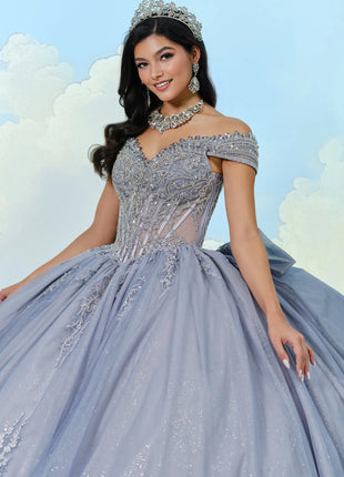 Semi-sheer corset quinceañera ball gown w/ stone details