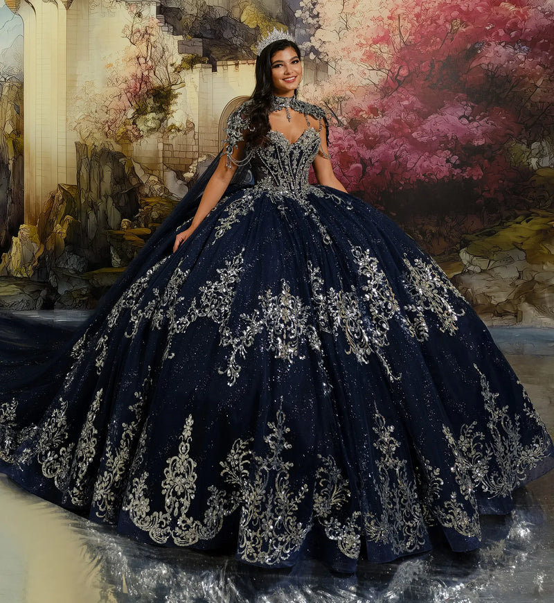 Sweetheart Semi-Sheer Bodice Ball Gown w/ Jeweled Cape