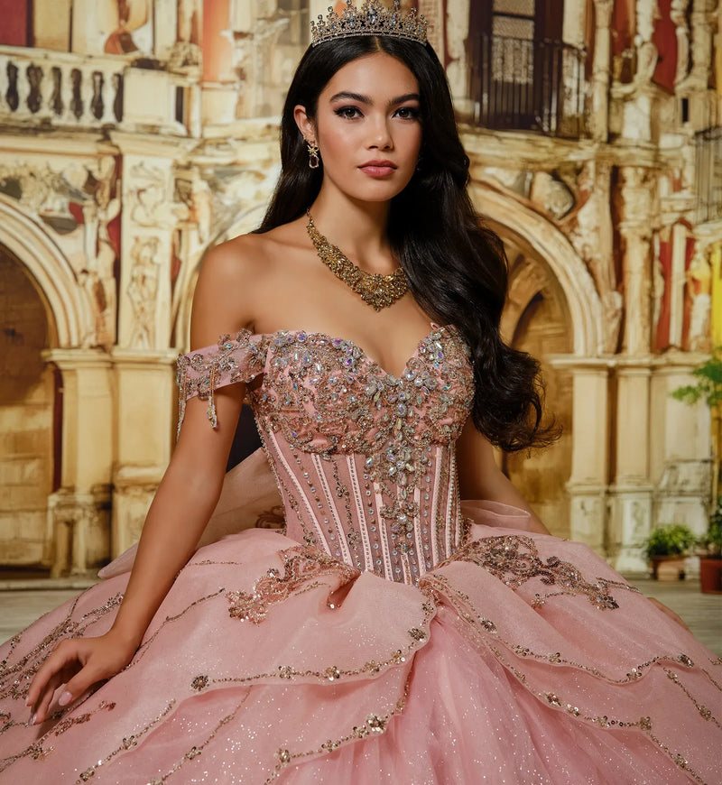 Sweetheart Glitter Tulle Ball Gown w/ Detachable Bow & Necklace