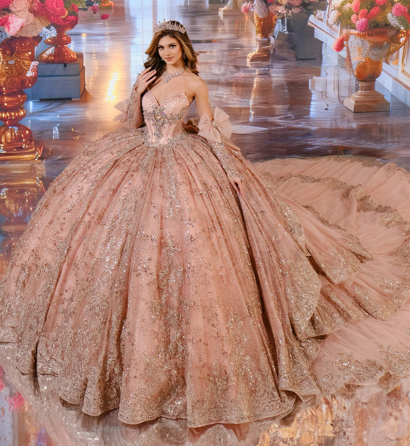 Strapless cracked ice & glitter tulle ball gown with separate fairytale sleeves