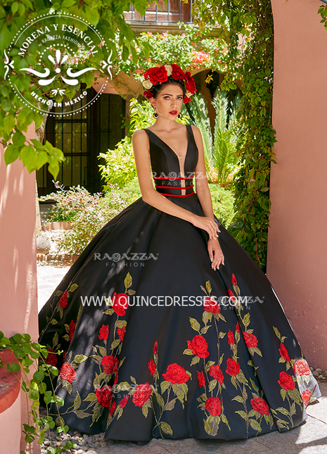 V-NECK FLORAL CHARRO QUINCEANERA DRESS BY RAGAZZA FASHION MV19-119