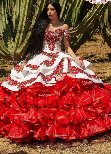 RUFFLED FLORAL CHARRO QUINCE DRESS BY RAGAZZA FASHION MV17-117