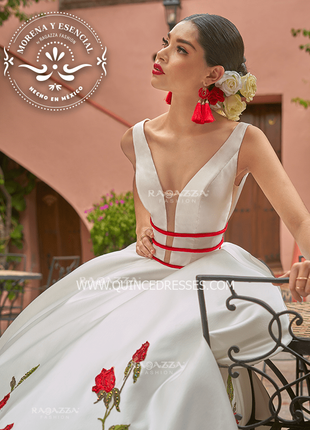 V-NECK FLORAL CHARRO QUINCEANERA DRESS BY RAGAZZA FASHION MV19-119