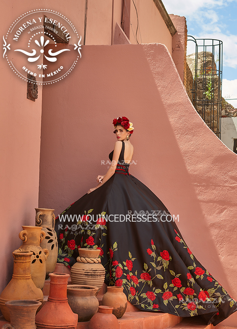 V-NECK FLORAL CHARRO QUINCEANERA DRESS BY RAGAZZA FASHION MV19-119